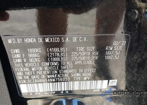 2022 Honda Hr-V Awd Sport from USA, damaged, VIN 3CZRU6H14NM756053